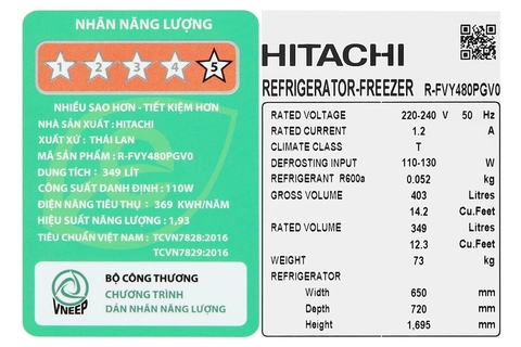 Tủ lạnh Hitachi Inverter 349 lít R-FVY480PGV0 (GMG)