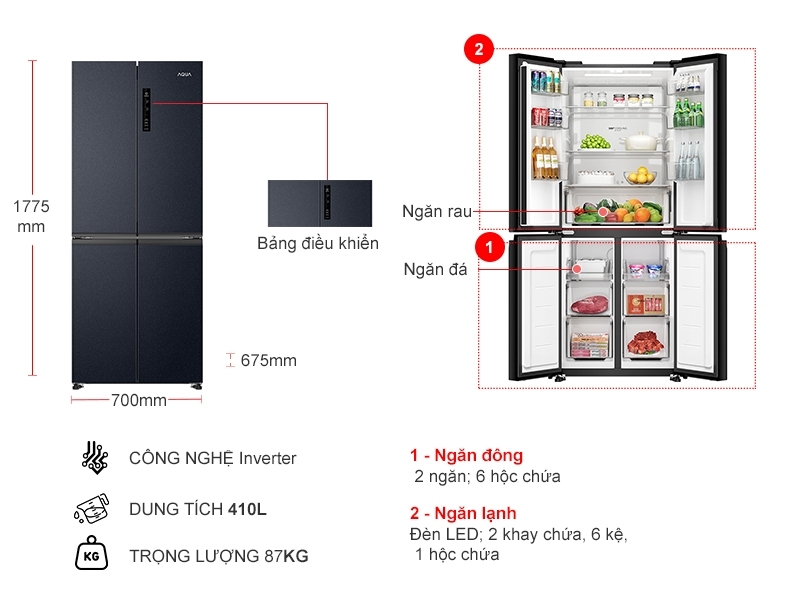 Tủ lạnh Aqua Inverter 410 lít Multi Door AQR-M466XA(CBC) (Mới 2024)