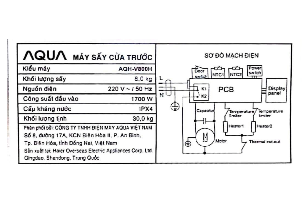 Máy sấy thông hơi Aqua 8 kg AQH-V800H(SS)