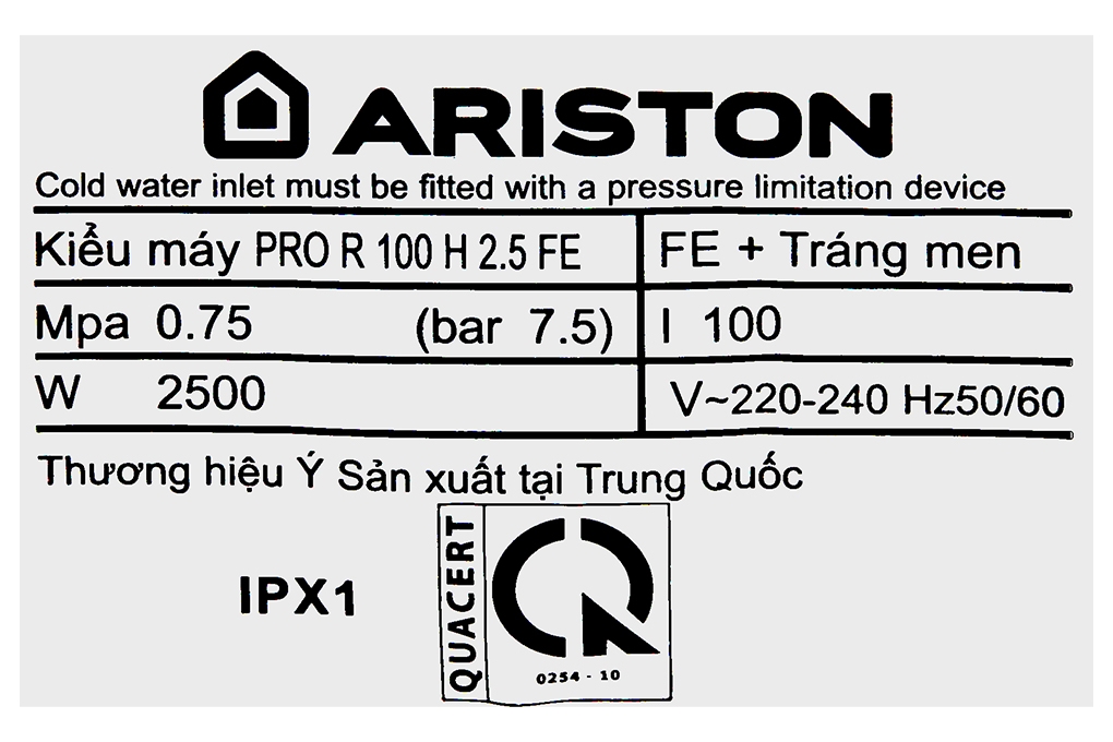 Máy nước nóng gián tiếp Ariston 100 lít PRO R 100 H 2.5 FE