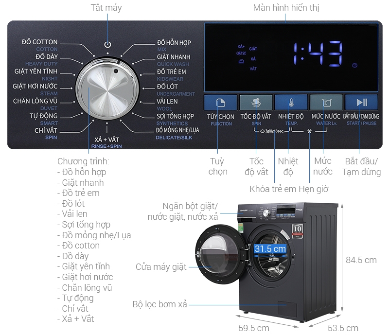 Máy giặt Sharp Inverter 9 kg ES-FM90CB-SB