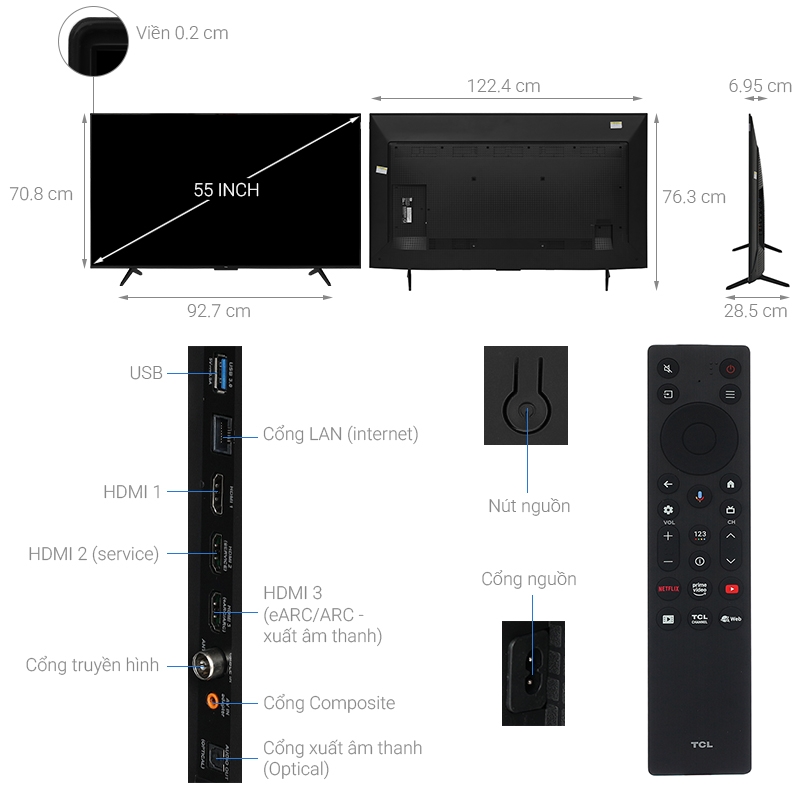 Google Tivi QLED TCL 4K 55 inch 55P7K