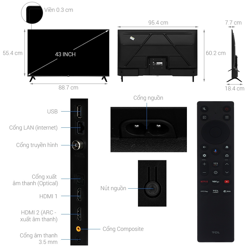 Google Tivi QLED TCL Full HD 43 inch 43S5K