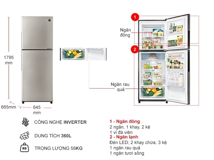 Tủ lạnh Sharp Inverter 360 lít SJ-XP382AE-SL