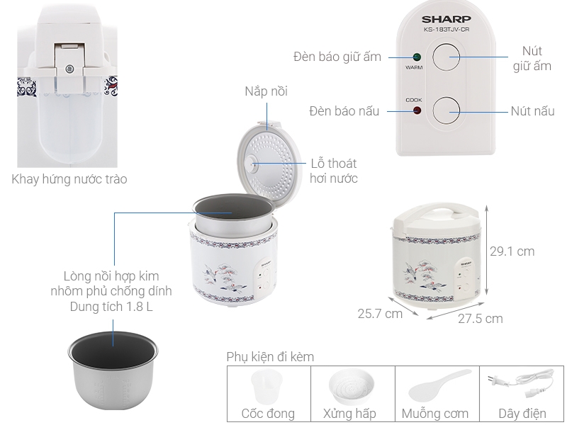 Nồi cơm nắp gài Sharp 1.8 lít KS-183TJV-CR