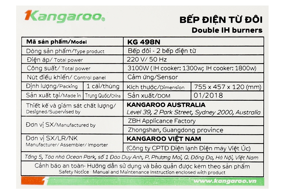Bếp điện từ đôi Kangaroo KG498N