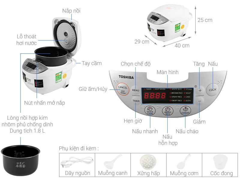 Nồi cơm điện tử Toshiba 1.8 lít RC-18DH2PV*