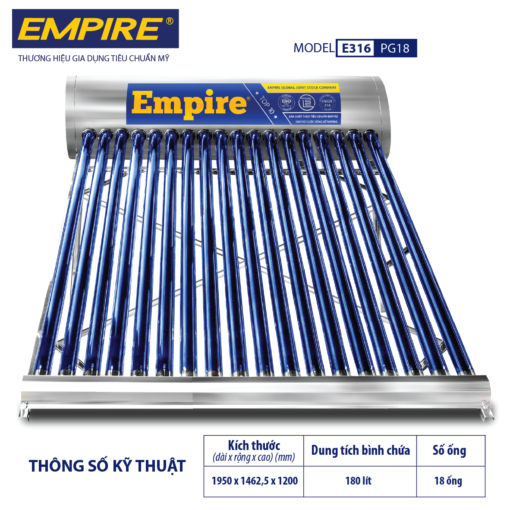 Máy nước nóng năng lượng mặt trời EMPIRE 180 Lít – ERASUN E316-PG18