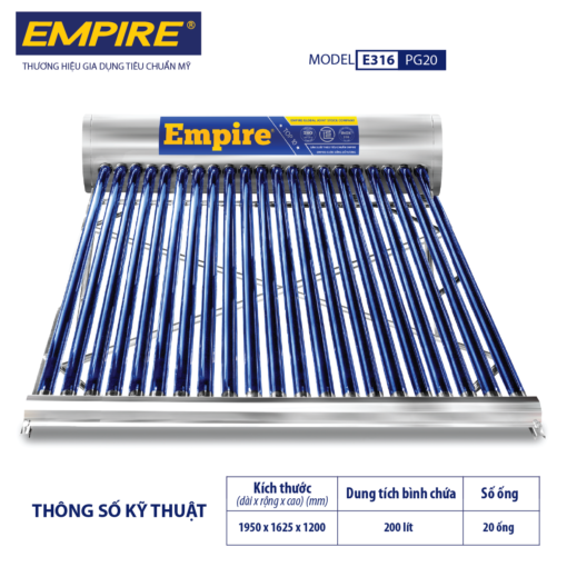 Máy nước nóng năng lượng mặt trời EMPIRE 200 Lít – ERASUN E316-PG20