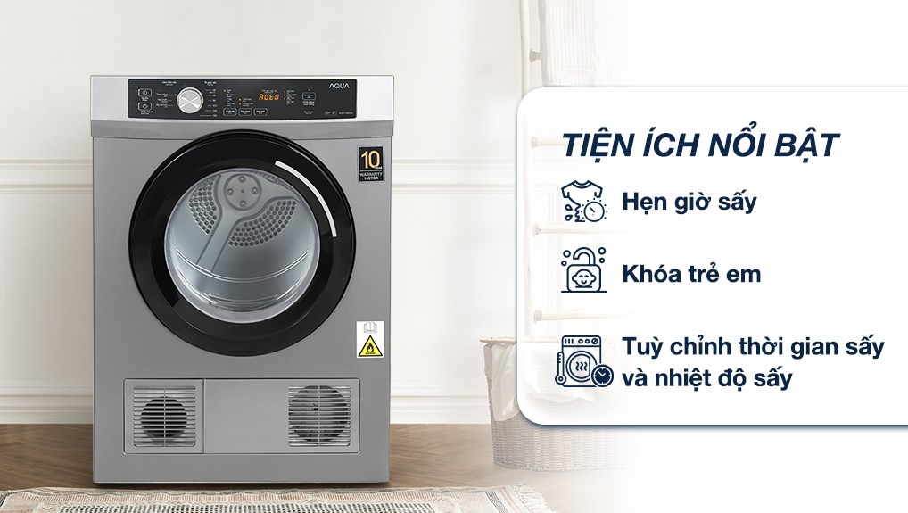 Máy sấy quần áo Aqua 8 kg AQH-V800H SS (Sấy thông hơi)
