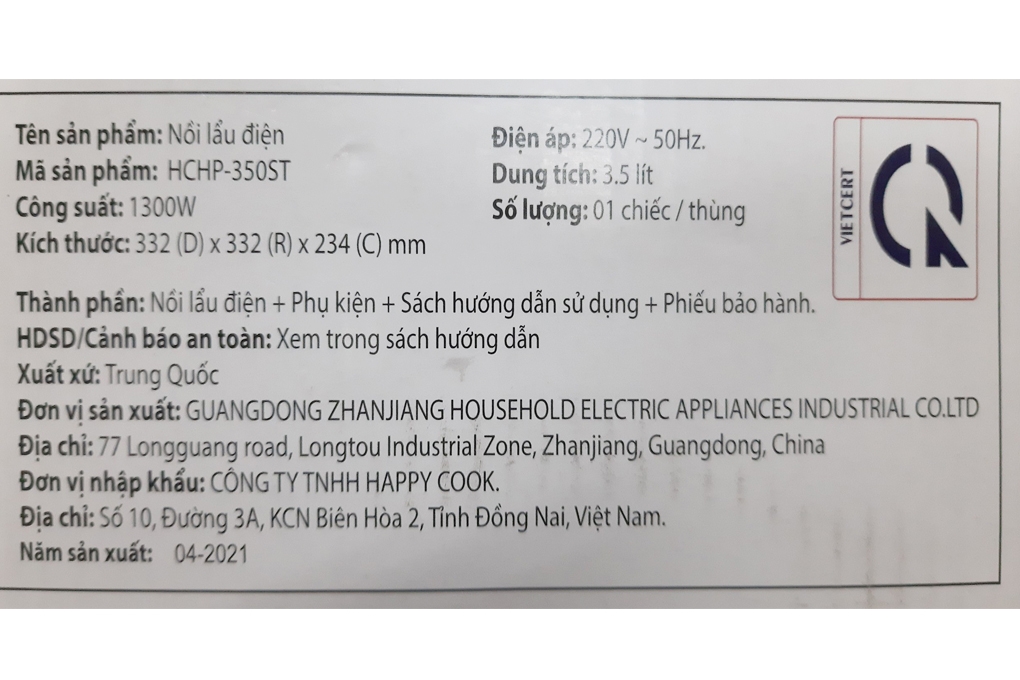Nồi lẩu điện Happycook HCHP-350ST (3.5 lít)