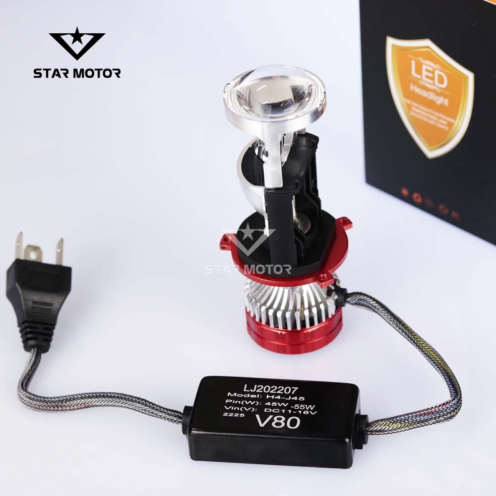Pha LED bi cầu V80 chân H4 có quạt tản nhiệt gắn ô tô- xe máy