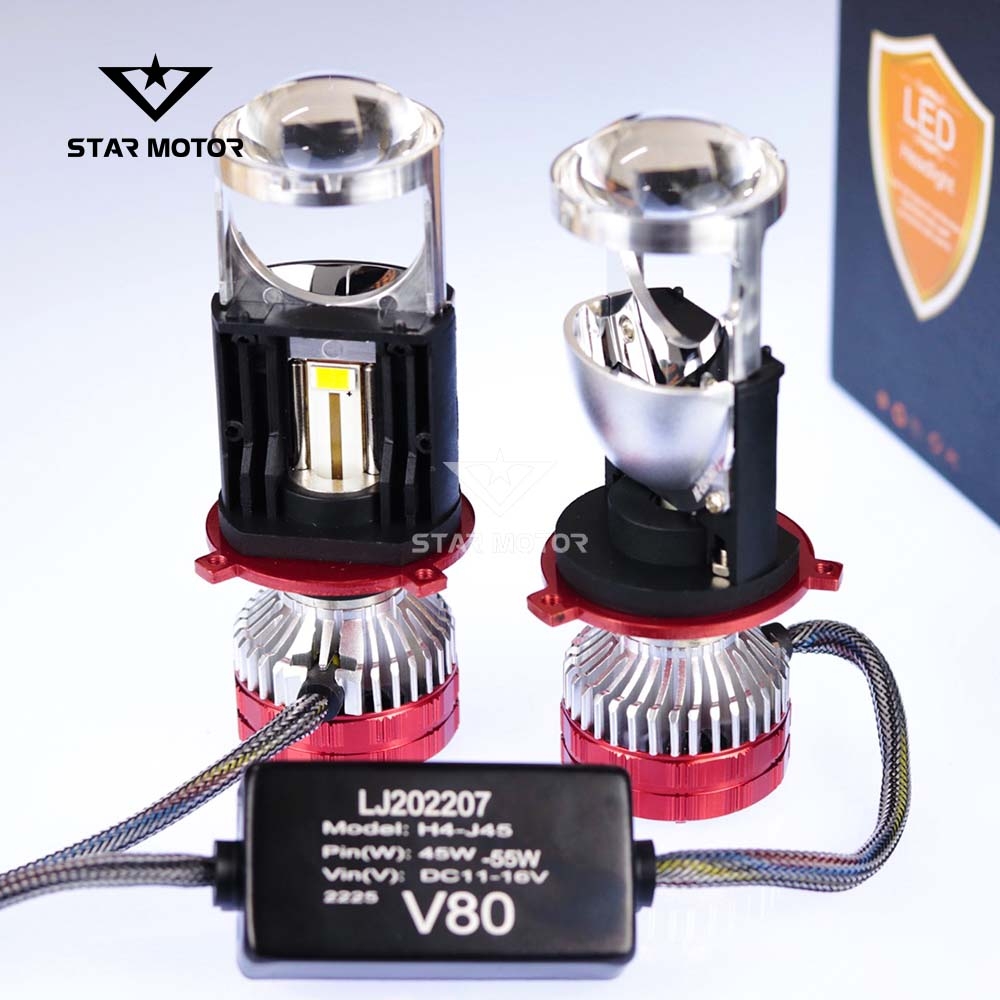 Pha LED bi cầu V80 chân H4 có quạt tản nhiệt gắn ô tô- xe máy