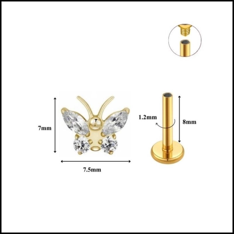 Titanium / Hoa tai con bướm xinh - 2 màu - 1.2*8mm