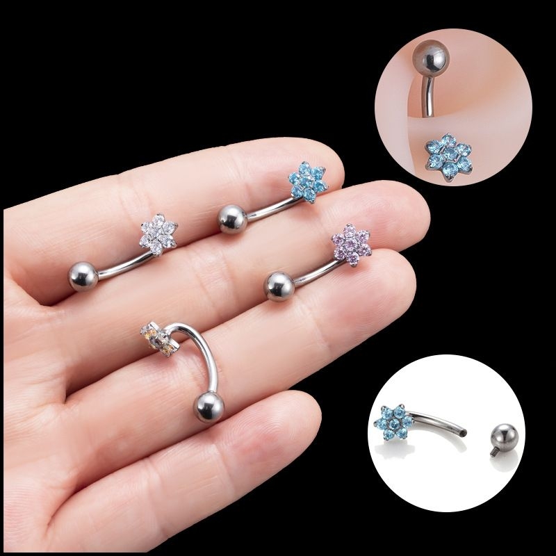 Titanium / Khuyên rốn hoa 6 cánh đá xanh - 1.6*10mm