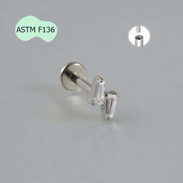 Bông tai 2 thanh đính đá - Chất liệu Titanium - 1.2*8mm