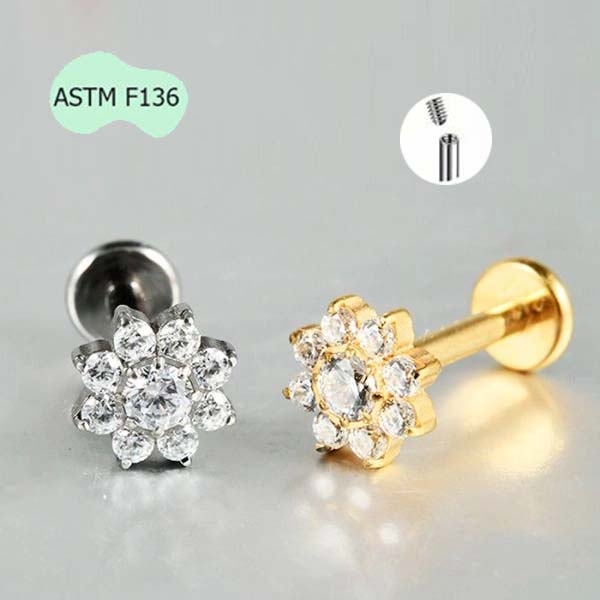 Bông tai hoa hướng dương đính đá 1.2*8mm - 2 màu - Titanium