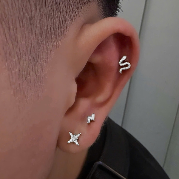 Bông tai 2 thanh đính đá - Chất liệu Titanium - 1.2*8mm