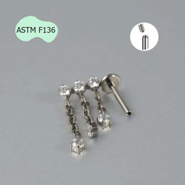 Khuyên tai đính đá phối 3 dây xích - 1.2*8mm - Titanium