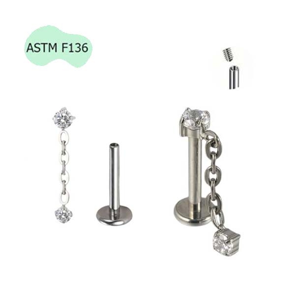 Khuyên tai phối xích đính đá tòn ten - Titanium - 1.2*8mm