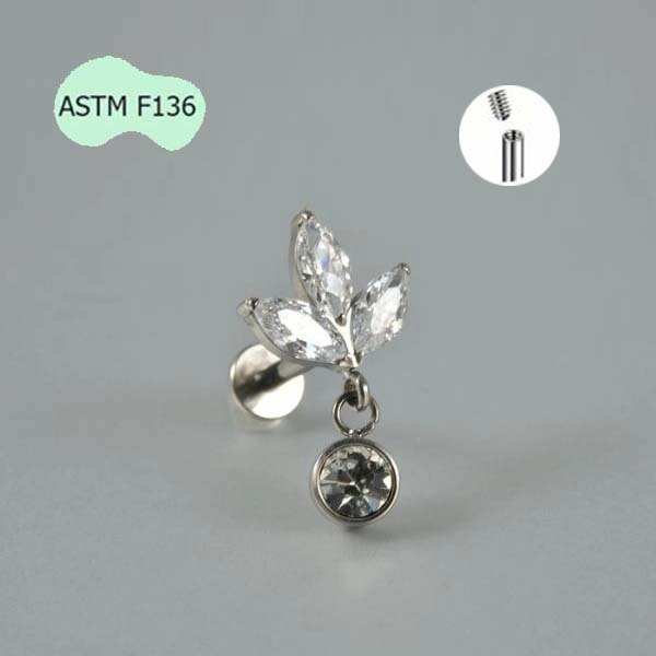 Khuyên tai titanium 3 lá đính đá tòn ten - 2 màu - 1.2*8mm