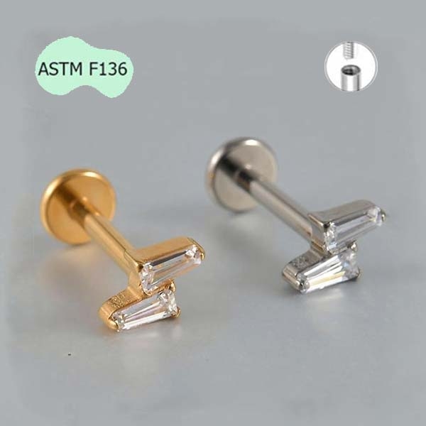 Bông tai 2 thanh đính đá - Chất liệu Titanium - 1.2*8mm