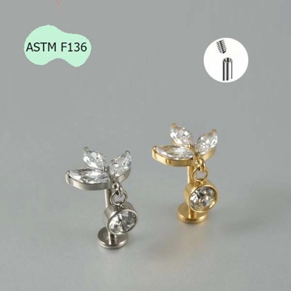 Khuyên tai titanium 3 lá đính đá tòn ten - 2 màu - 1.2*8mm