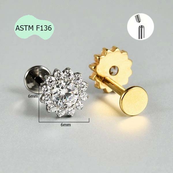 Khuyên tai Titan hình bông hoa đính đá - 2 màu - 1.2*8mm