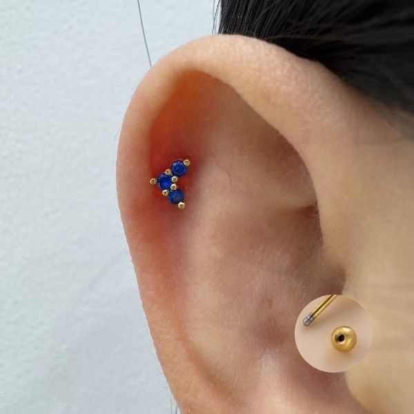 Khuyên tai đính đá xanh - vàng - 0.8*6*3mm