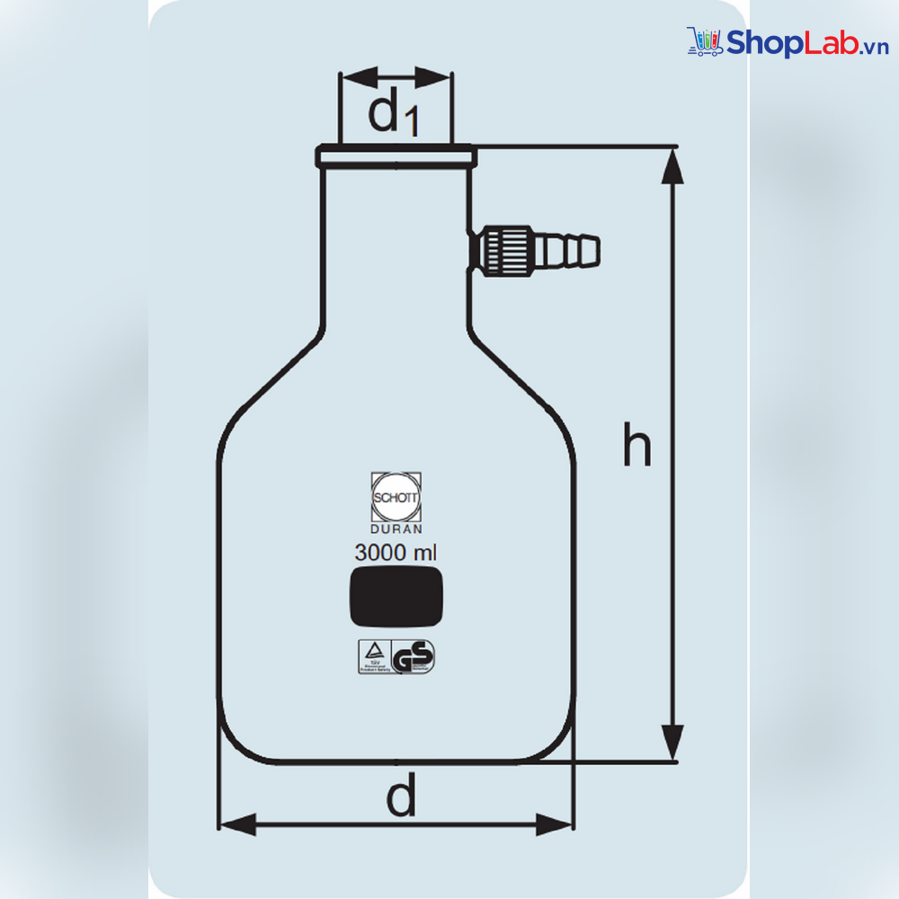 Bình có nhánh hút CK bằng nhựa 3000mL Duran