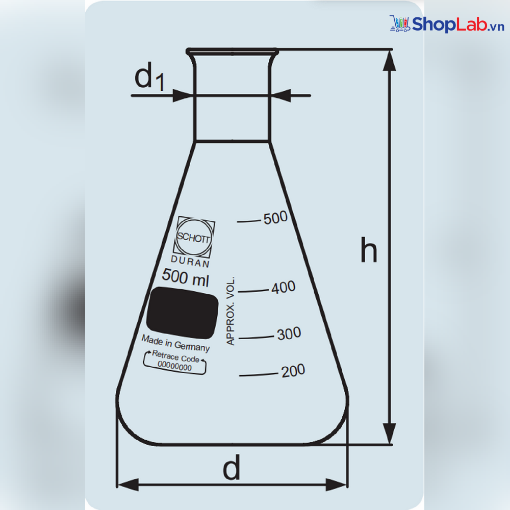 Bình tam giác, cổ hẹp 250mL Duran