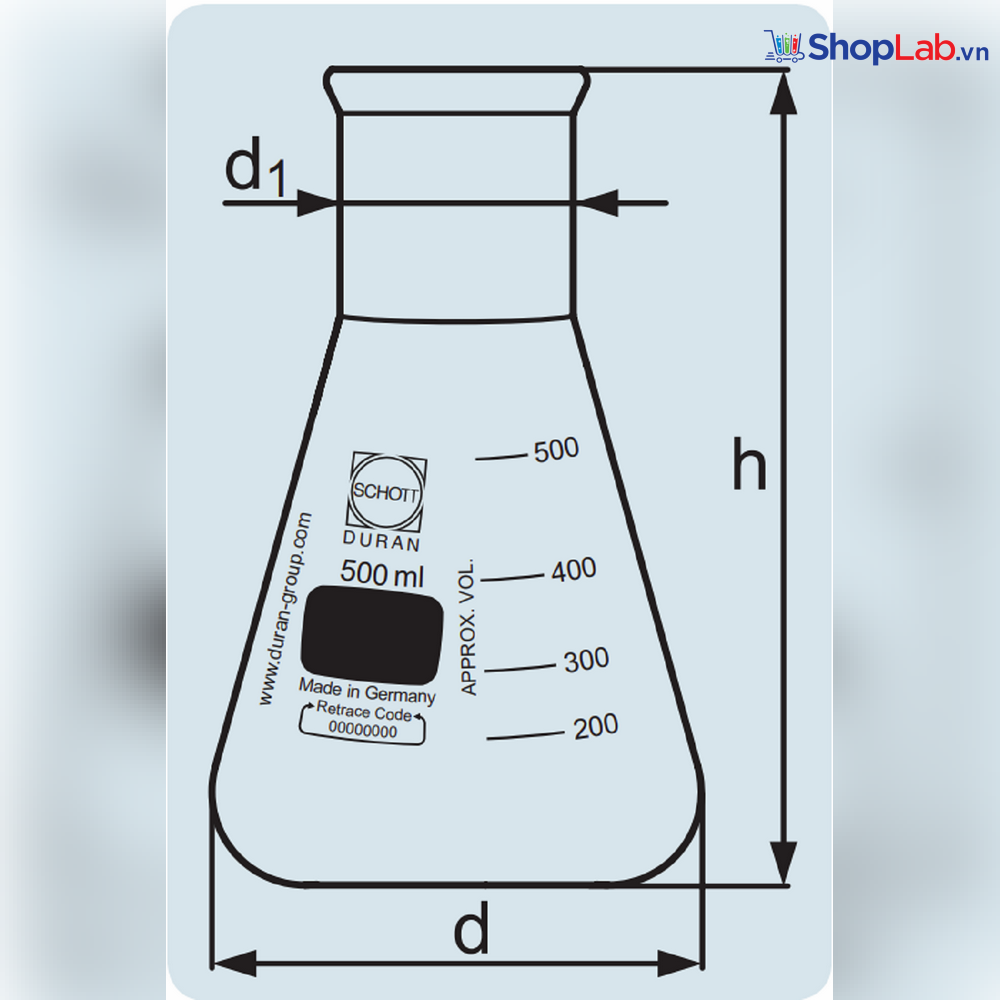 Bình tam giác cổ rộng 500mL, thành dày Duran
