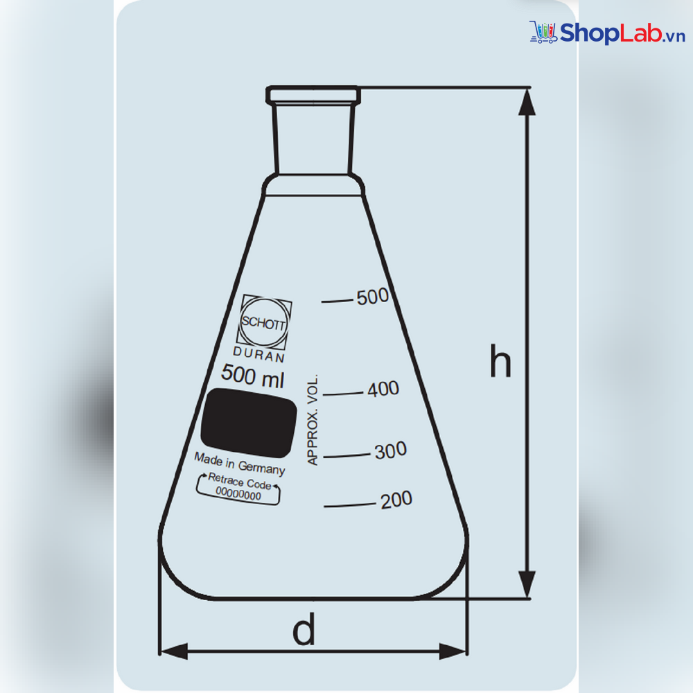 Bình tam giác cổ mài, 29/32, 100mL, chưa có nút Duran