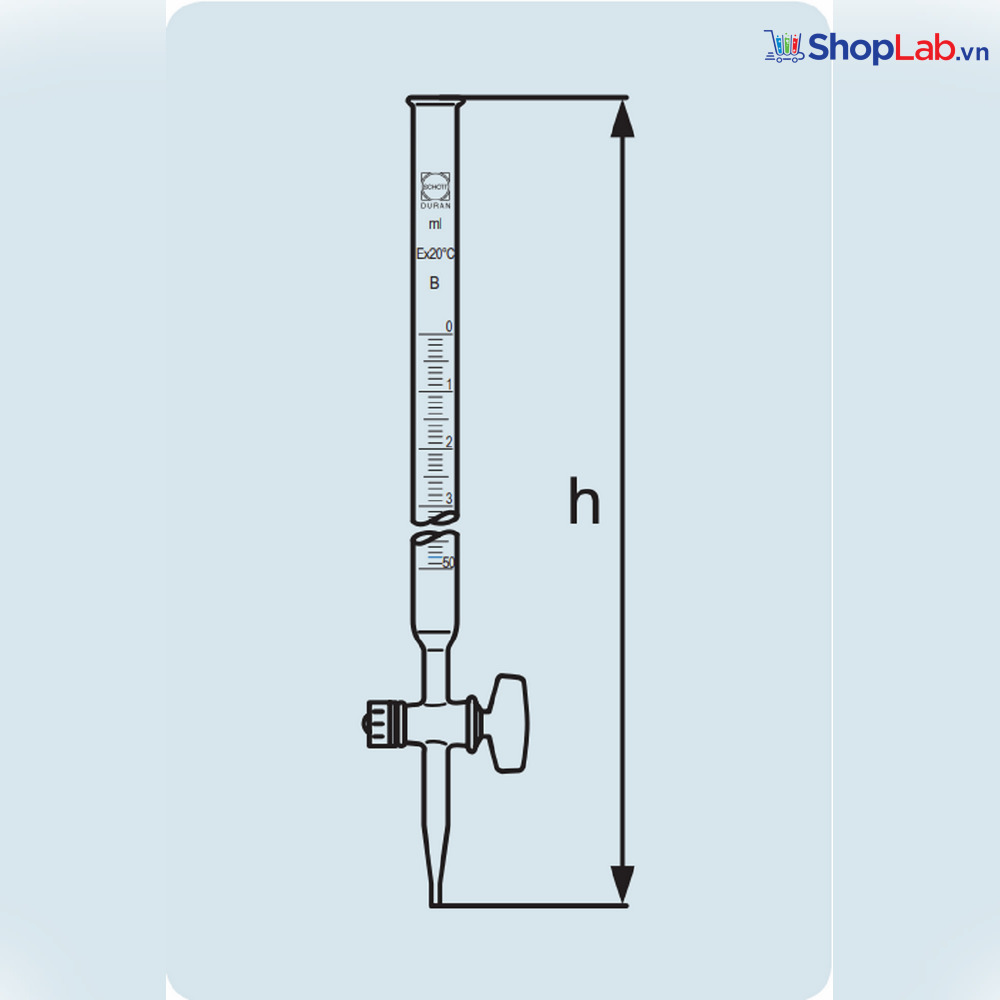 Buret Khóa TT 50mL, 1/10, loại B Duran