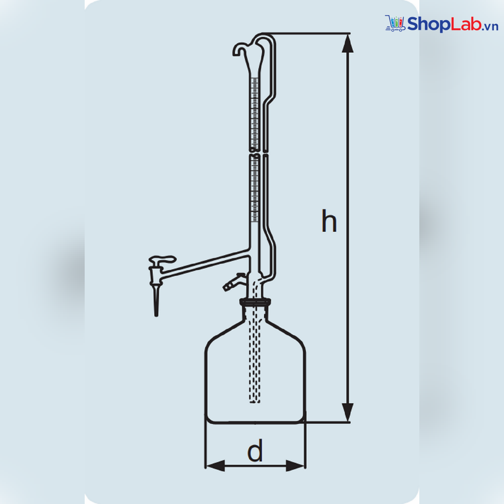 Buret tự động khóa TT 10mL /0.02, kèm chai 2L và quả bóp Duran