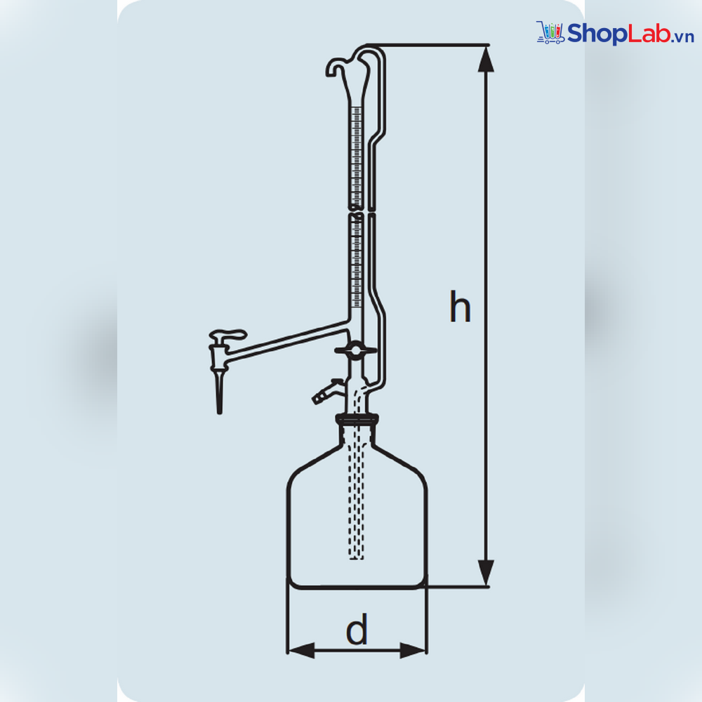 Buret tự động khóa PTFE 50mL/0.1, không kèm chai 2l và quả bóp Duran