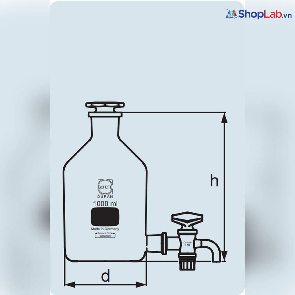 Chai thủy tinh có vòi có khóa nút TT 20000mL 60/46 Duran