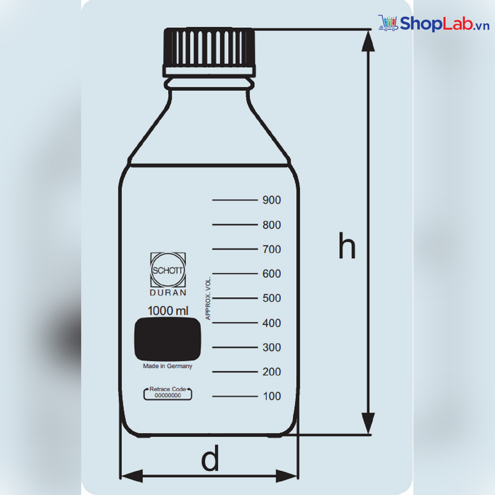 Chai trung tính GL 45, 1000mL, nắp đỏ, vòng đệm đỏ Duran
