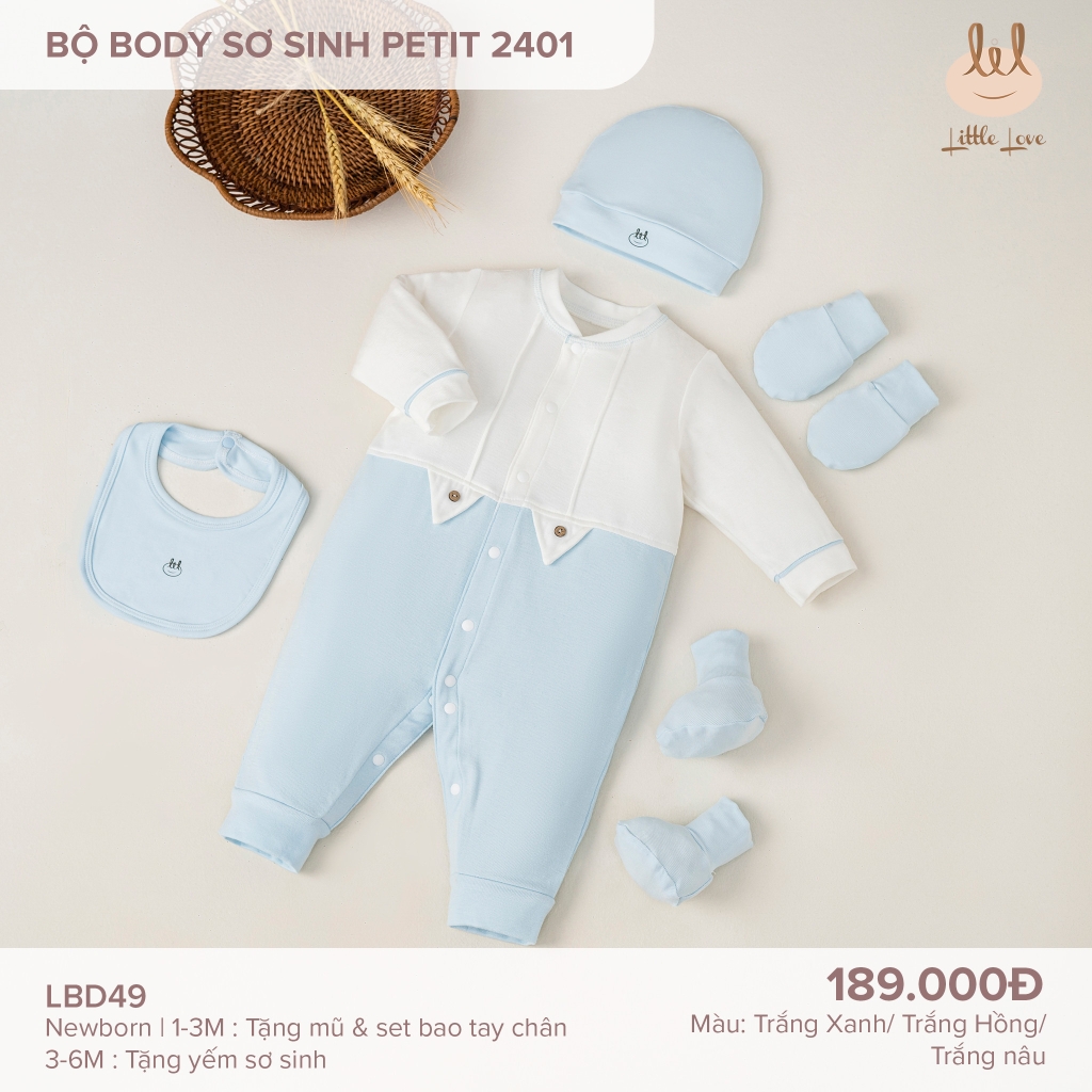 Bộ body sơ sinh petit 2401 trắng hồng - LBD49