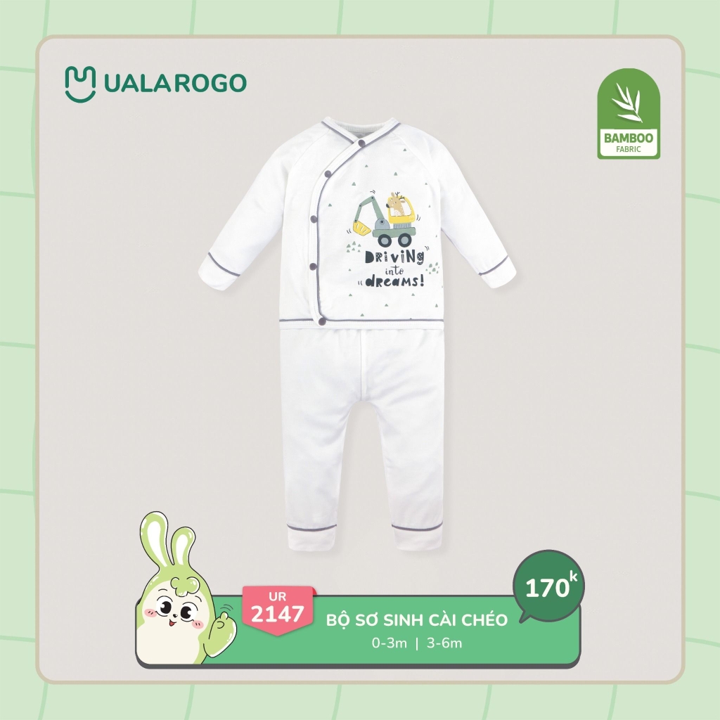 Bộ sơ sinh cài chéo bamboo UALA hoạ tiết xe cẩu UR2147