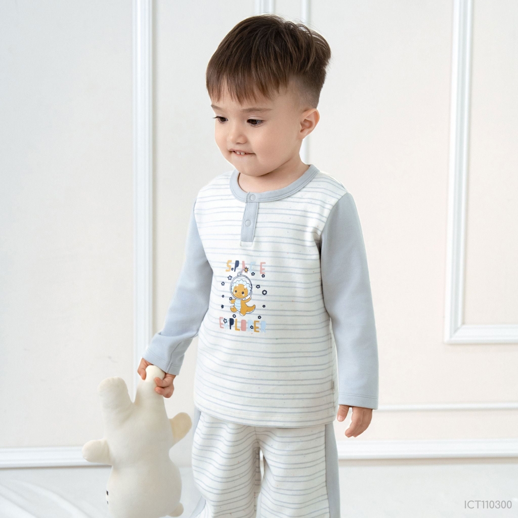 Bộ dài tay cổ trụ nỉ bông in khủng long nhỏ Bubaby ICT110300