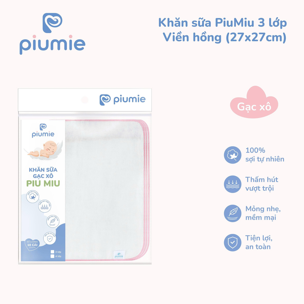 Khăn sữa gạc xô cotton 3 lớp PiuMiu 27x27