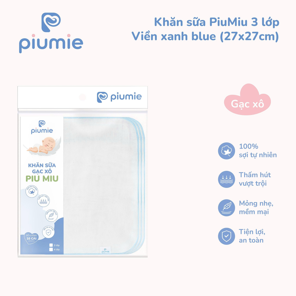 Khăn sữa gạc xô cotton 3 lớp PiuMiu 27x27