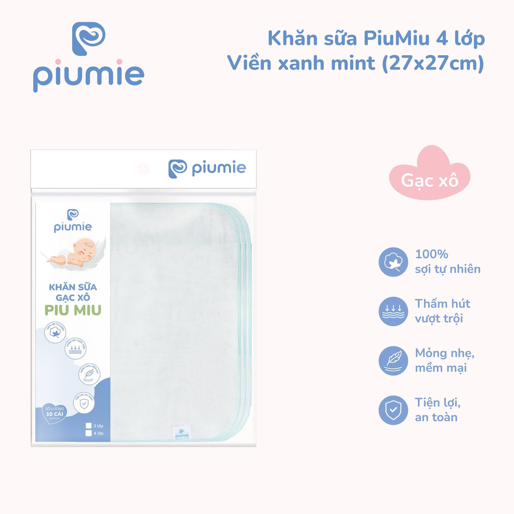 Khăn sữa gạc xô cotton 3 lớp PiuMiu 27x27