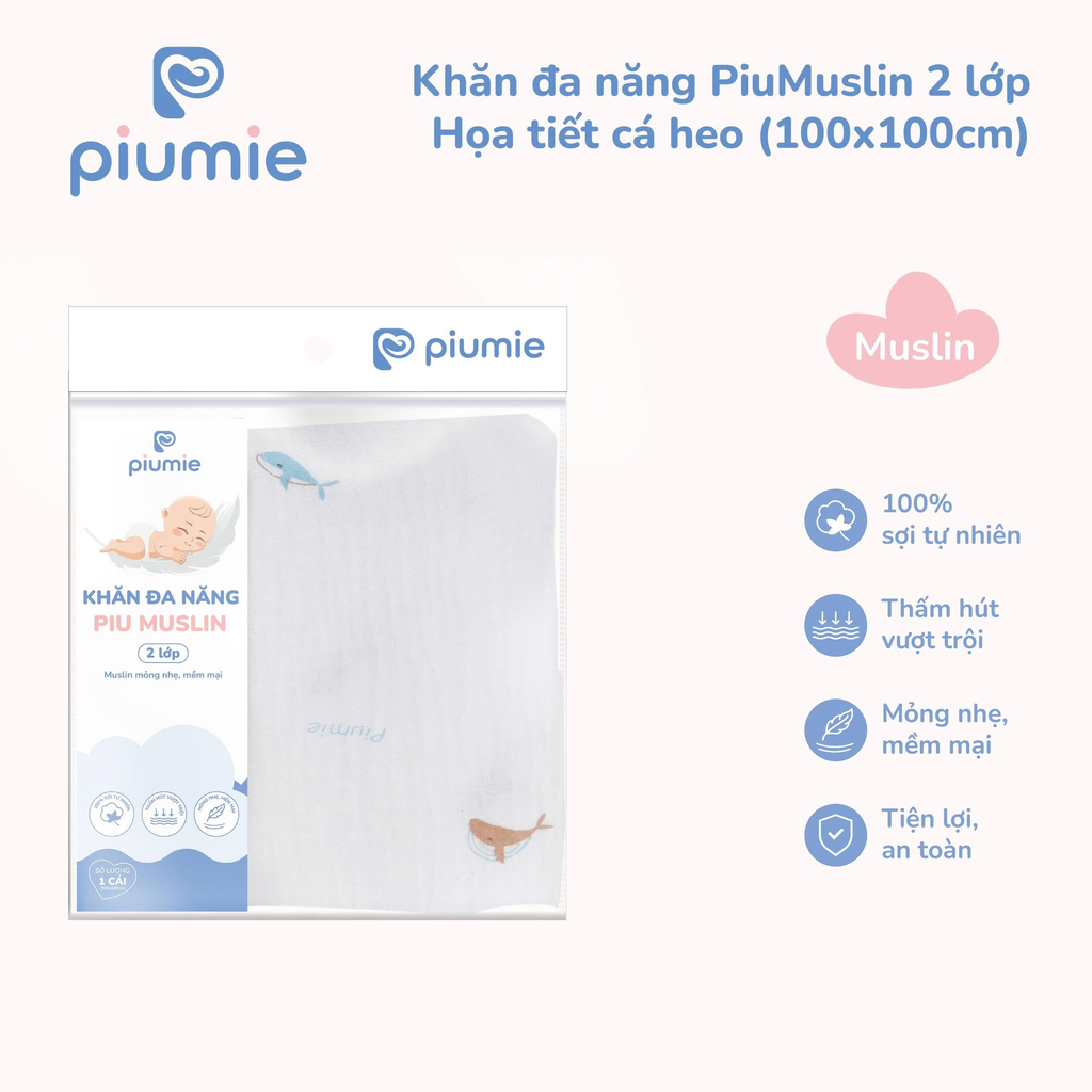 Khăn đa năng PiuMuslin 2 lớp 100x100
