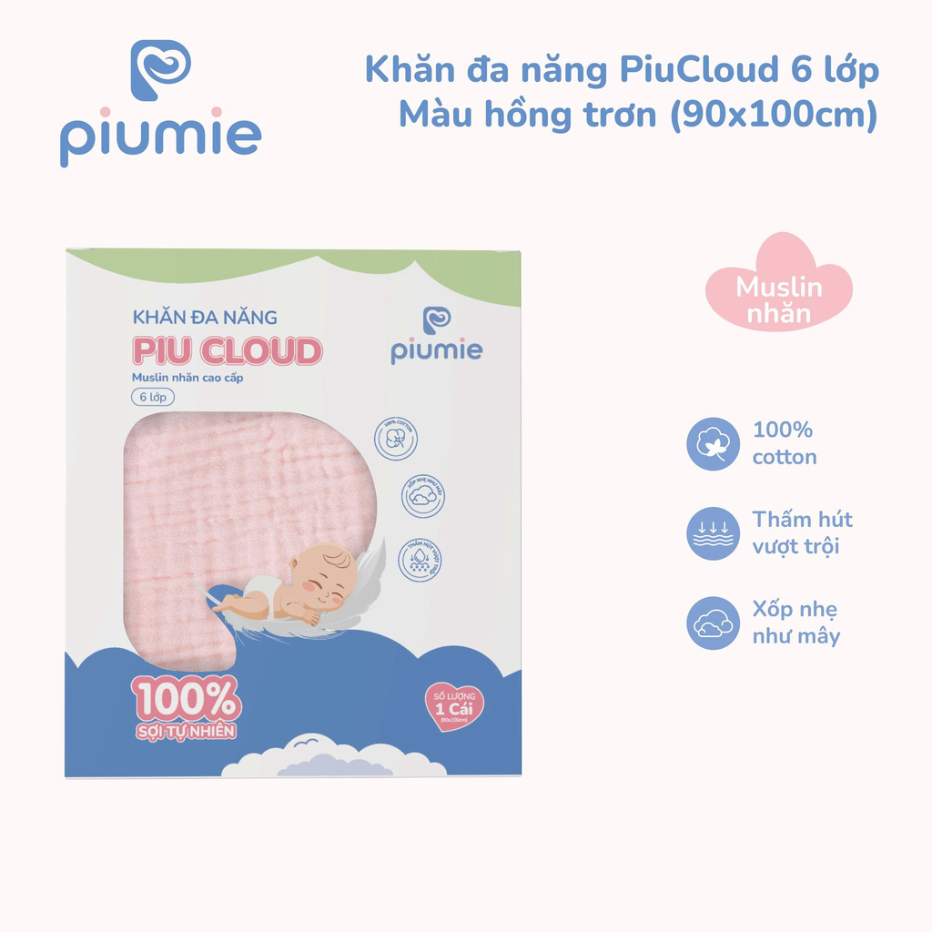 Khăn đa năng Muslin nhăn 6 lớp PiuCloud 90x100