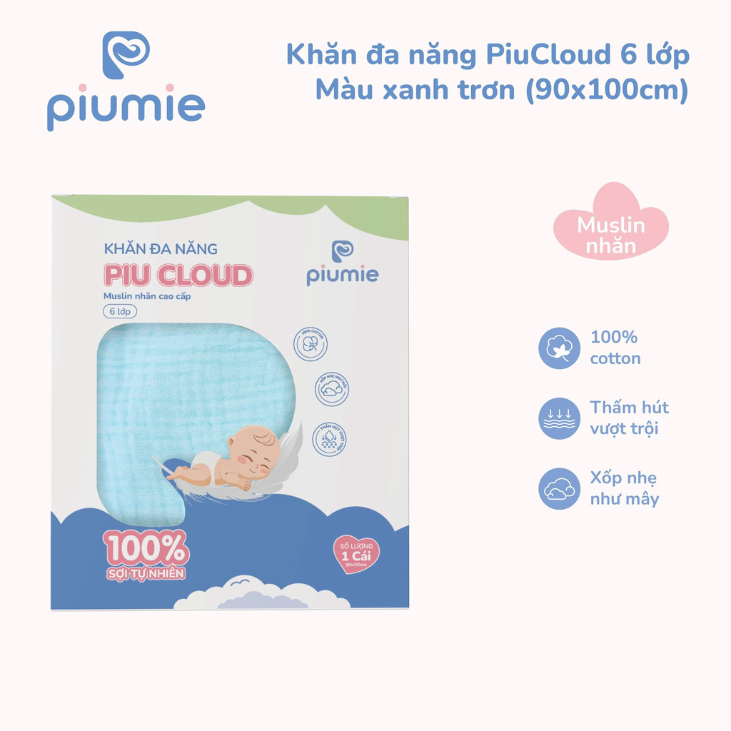 Khăn đa năng Muslin nhăn 6 lớp PiuCloud 90x100