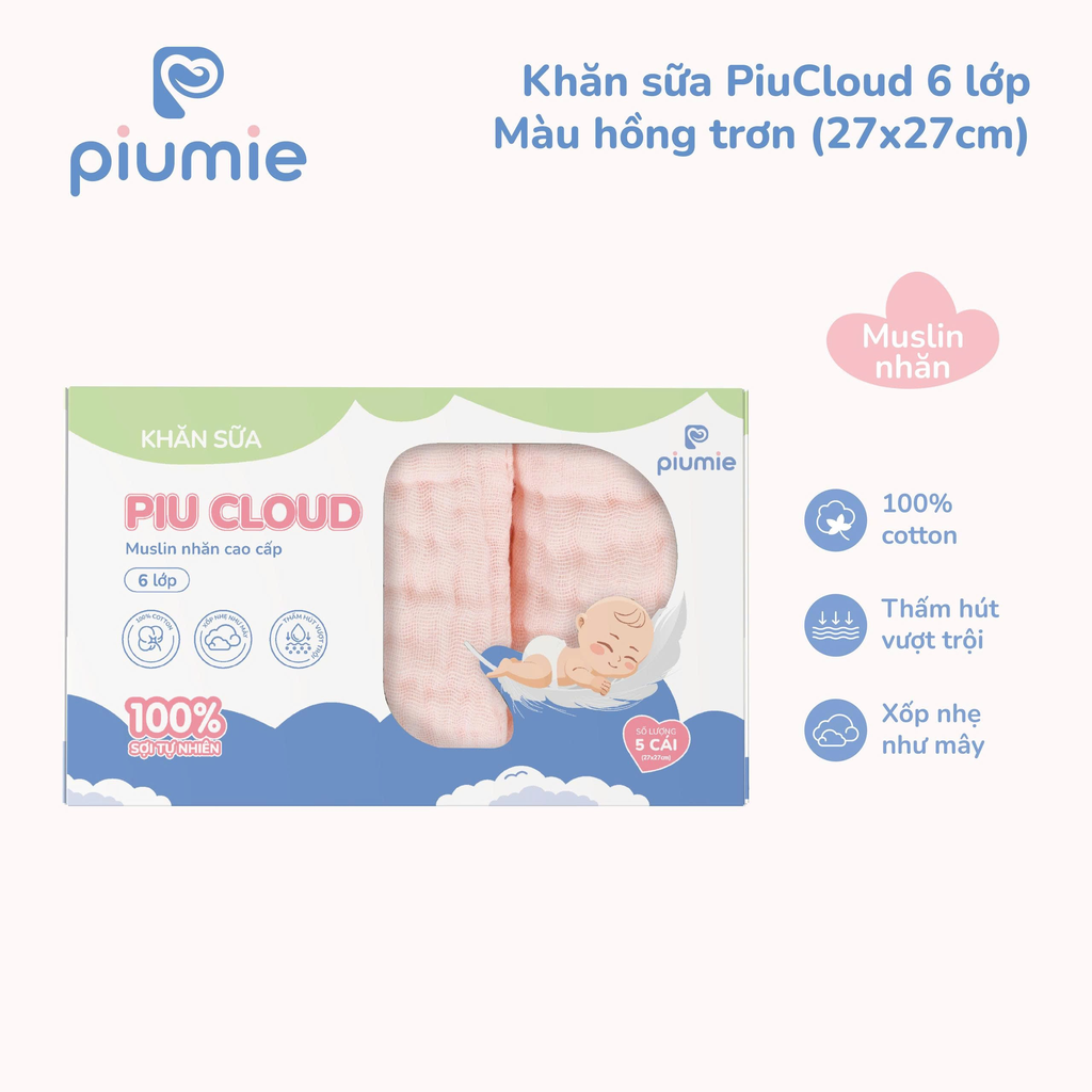 Khăn sữa muslin nhăn 6 lớp PiuCloud 27x27