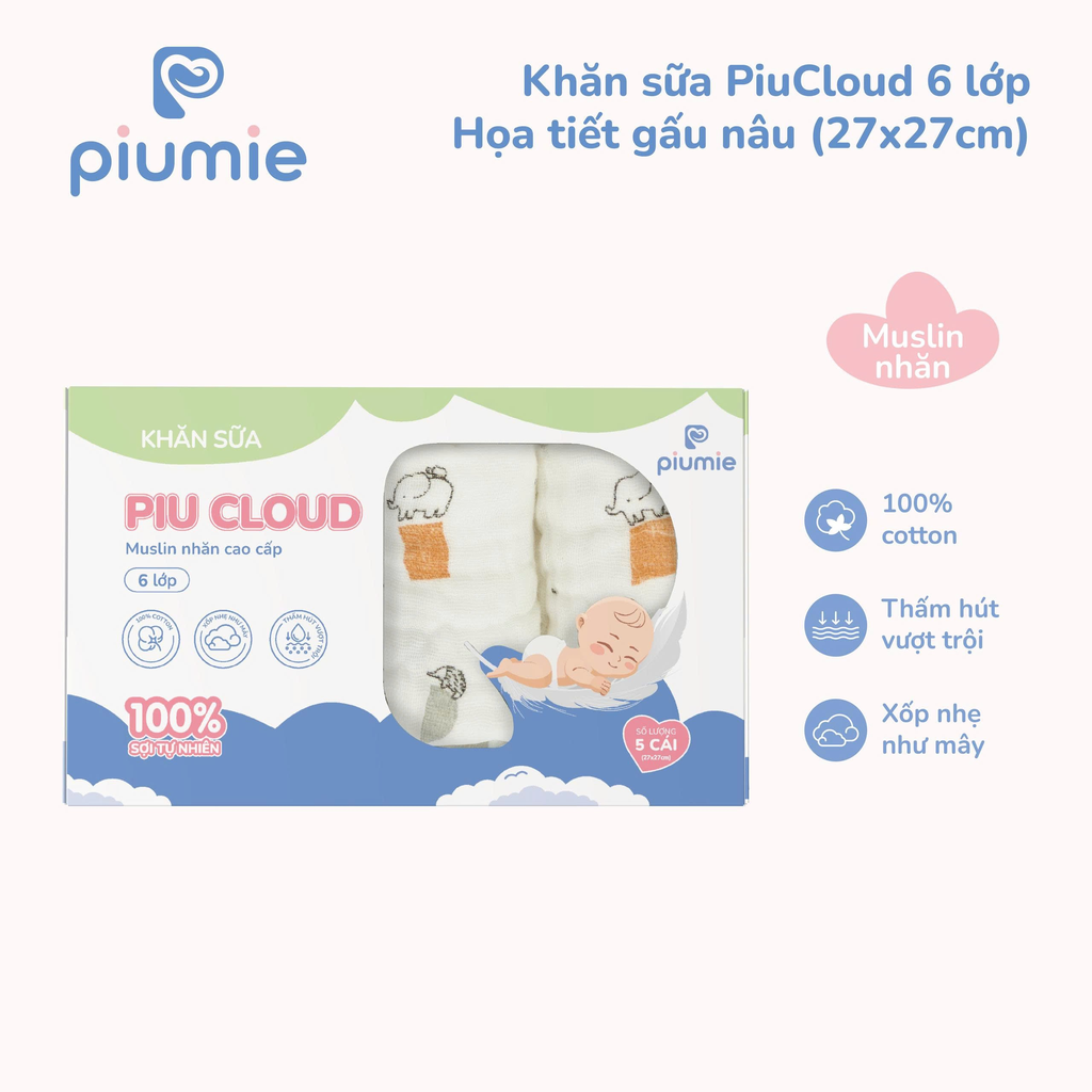 Khăn sữa muslin nhăn 6 lớp PiuCloud 27x27