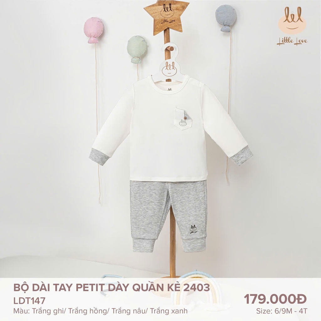 Bộ dài tay petit dày quần kẻ 2403 trắng-nâu - LDT147